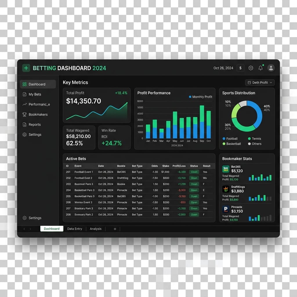 Gratis betting regnskab skabelon Excel ark med dashboards, grafer og tabeller